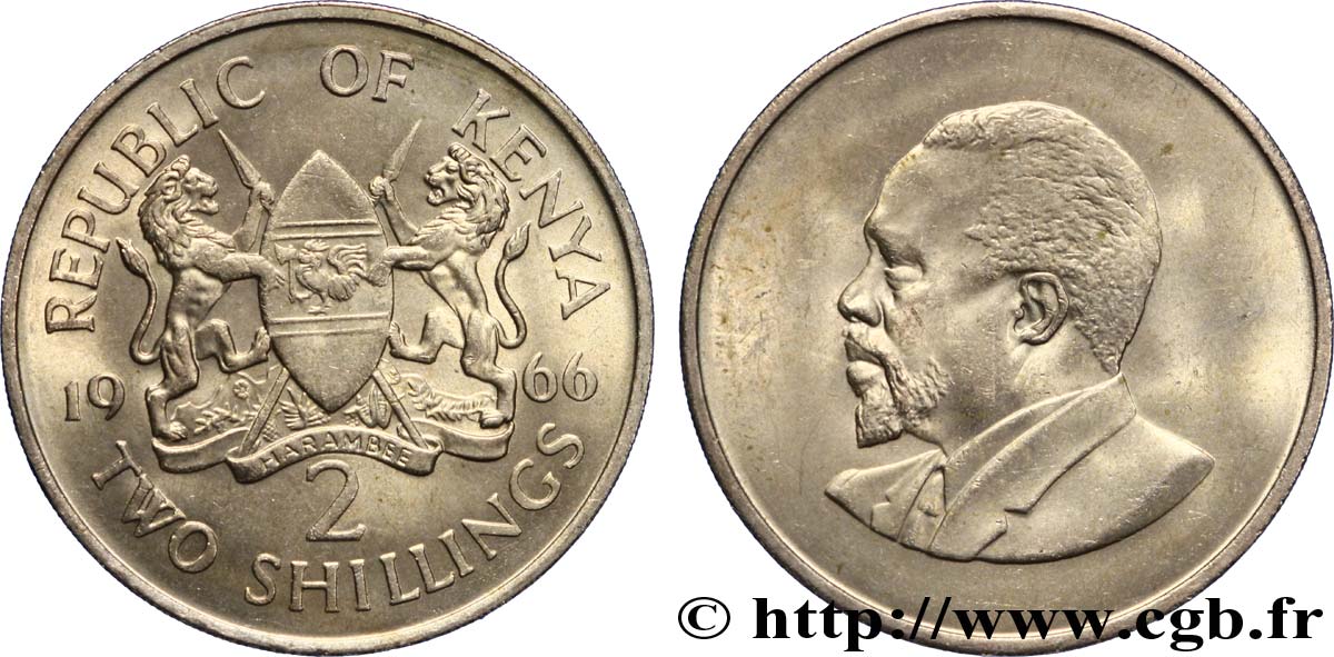 KENYA 2 Shillings emblème Mzee Jomo Kenyatta 1966  SPL 