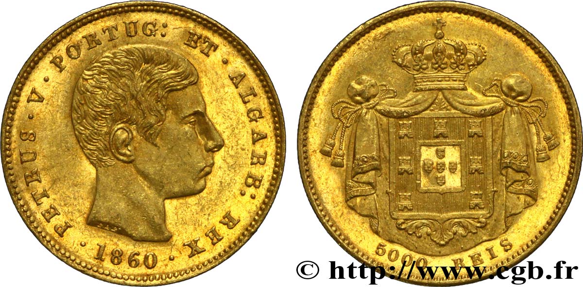 PORTUGAL 5000 Reis ou demi-couronne d or (Meia Coroa) Pierre V / manteau d’armes 1860  SUP 