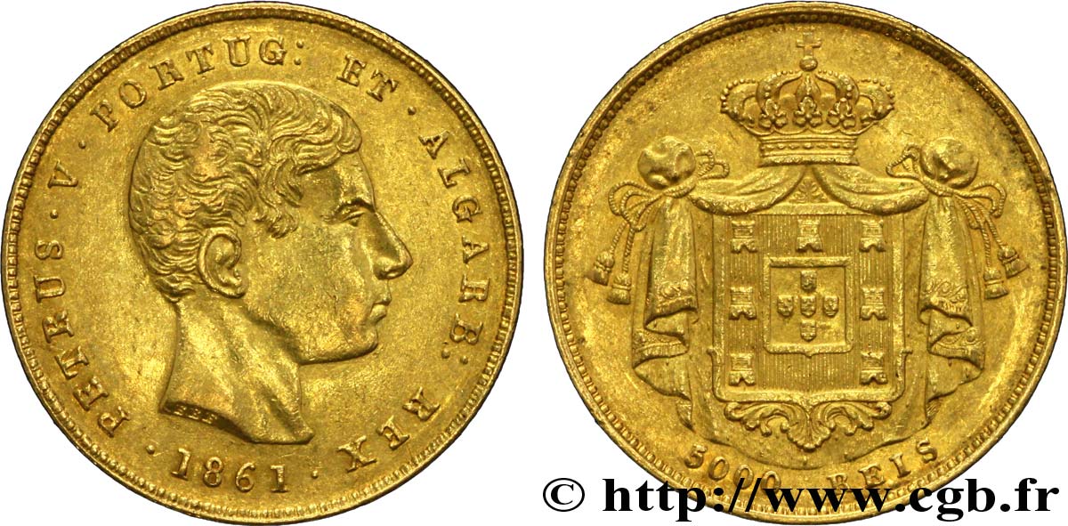 PORTUGAL 5000 Reis ou demi-couronne d or (Meia Coroa) Pierre V / manteau d’armes 1861  SUP 