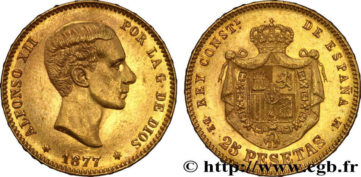 ESPAGNE 25 Pesetas Alphonse XII roi d’Espagne / manteau d’armes couronné 1876 Madrid SUP 