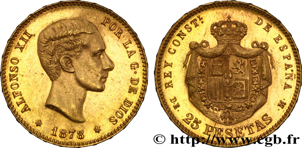 ESPAGNE 25 Pesetas Alphonse XII roi d’Espagne / manteau d’armes couronné 1878 Madrid SUP 