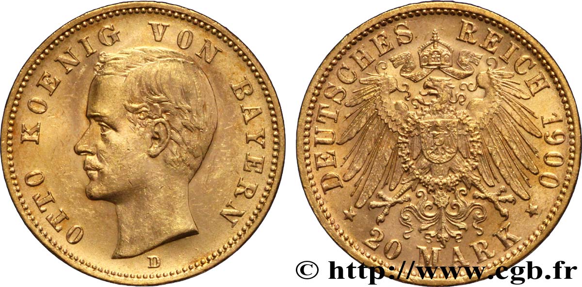 ALLEMAGNE - BAVIÈRE 20 Mark or Othon roi de Bavière / aigle impérial 1900 Munich SPL 