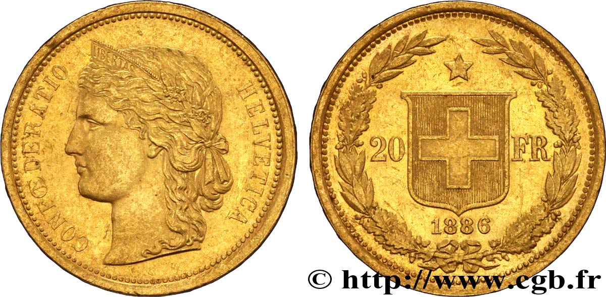 SUISSE 20 Francs or buste diadémé d Helvetia / croix suisse 1886 Berne - B SUP 