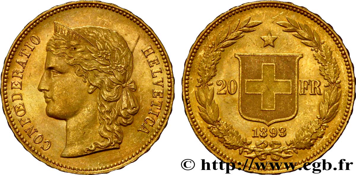 SUISSE 20 Francs or buste diadémé d Helvetia / croix suisse 1893 Berne - B SPL 