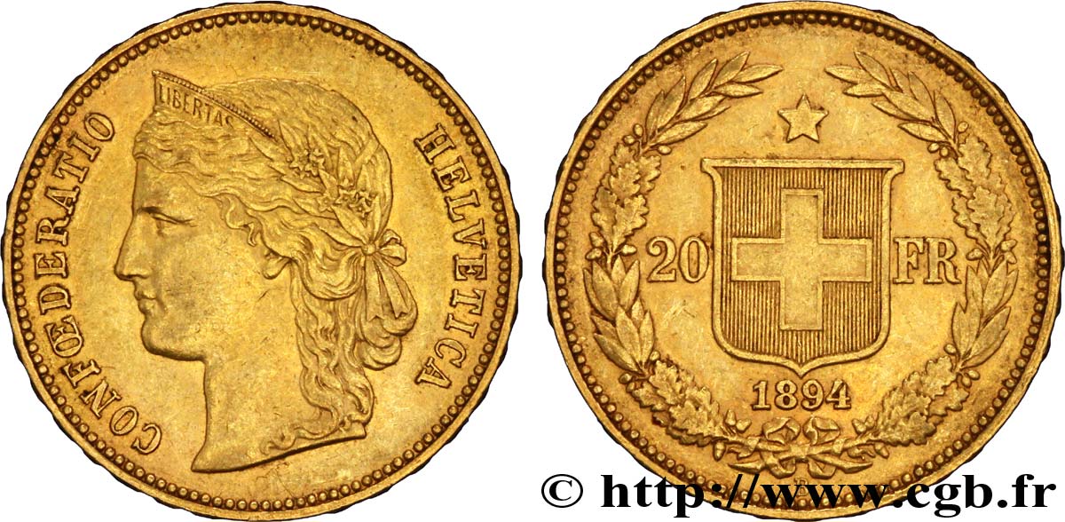 SUISSE 20 Francs or buste diadémé d Helvetia / croix suisse 1893 Berne - B SUP 