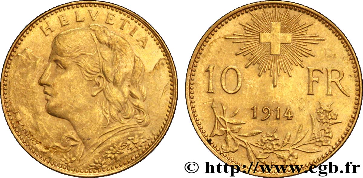 SUISSE 10 Francs or  Vreneli  Buste diadémé d Helvetia / Croix suisse 1914 Berne - B SUP 