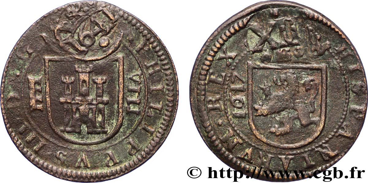 ESPAGNE 12 Maravedis surfrappe sur monnaie de 8 Maravédis de 1617 1641 Ségovie TTB+ 