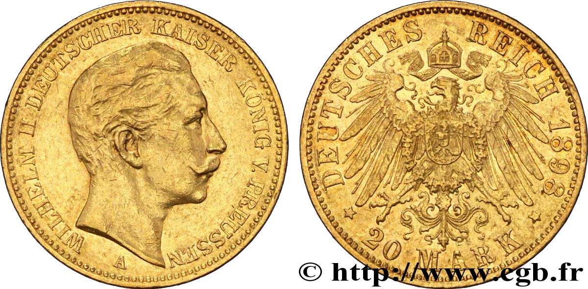 ALLEMAGNE - PRUSSE 20 Mark royaume de Prusse Guillaume II / aigle héraldique 1898 Berlin SUP 