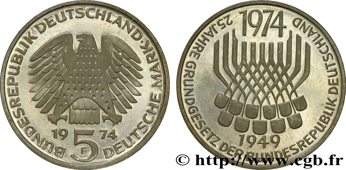 ALLEMAGNE 5 Mark (Proof) / 25e anniversaire de la République Fédérale 1974 Stuttgart - F SPL 