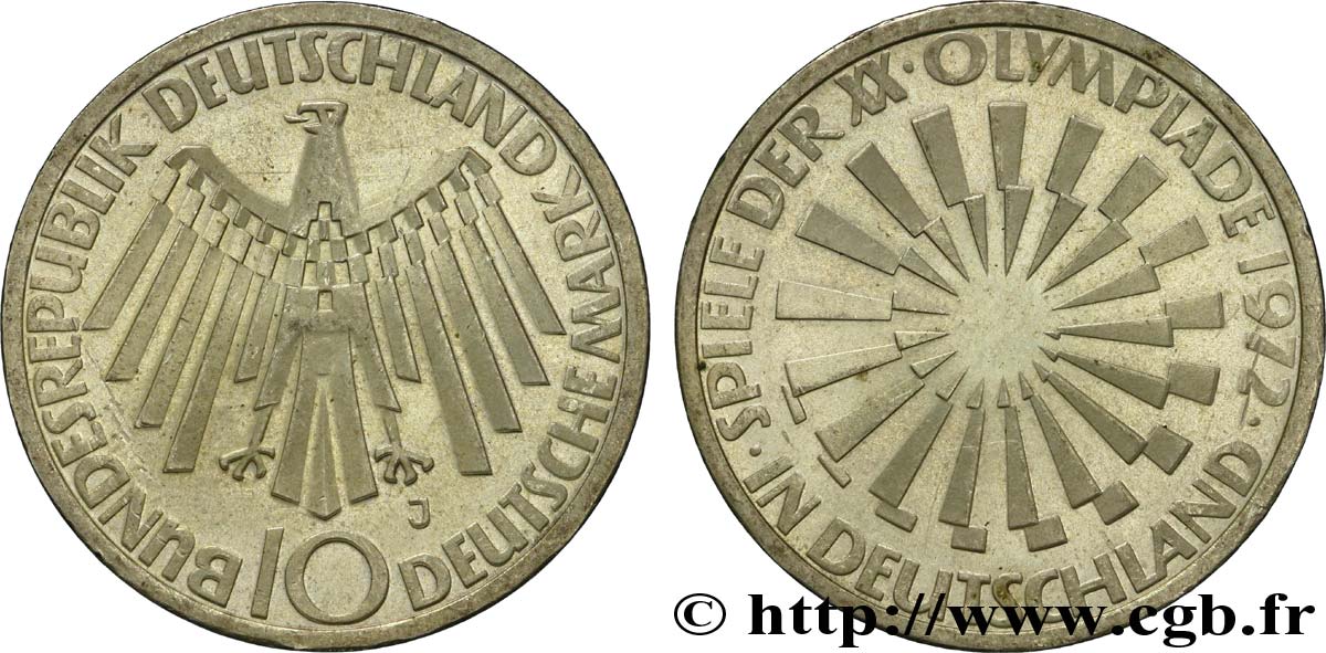ALLEMAGNE 10 Mark XXe J.O. Munich / aigle type “IN DEUTSCHLAND” 1972 Hambourg - J SUP 