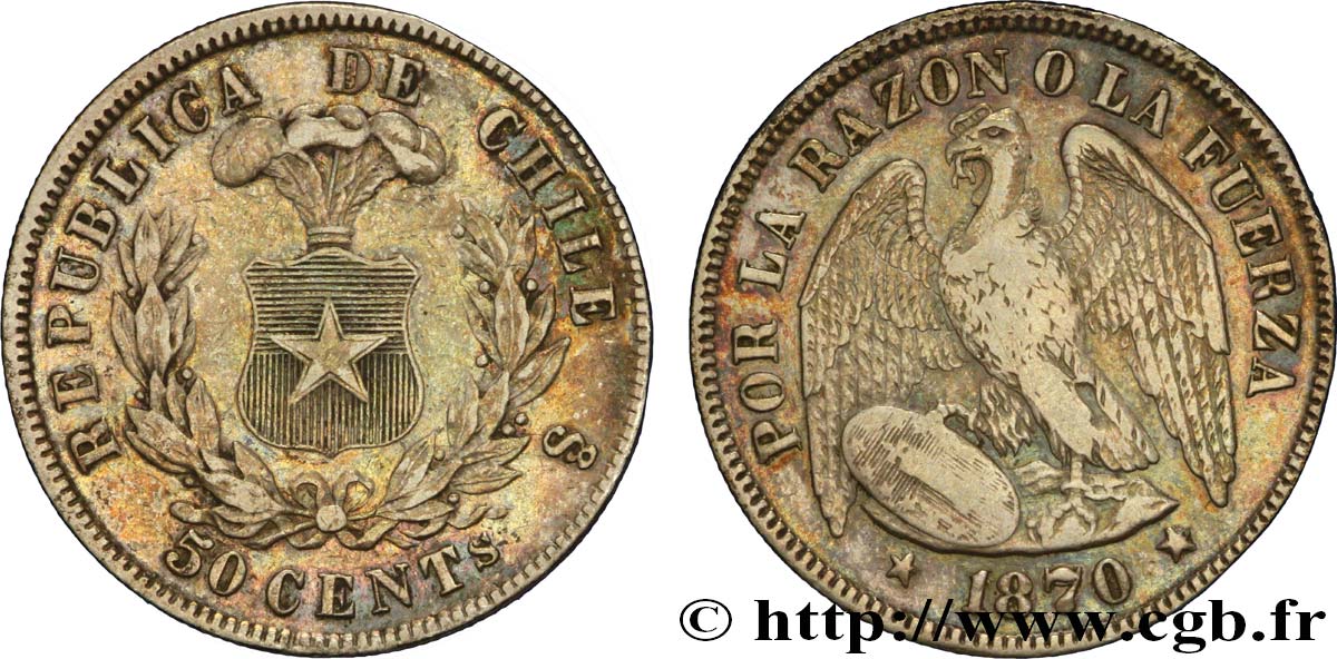 CHILI 50 Centavos emblème / condor surfrappe 70 sur 68 1870 Santiago - S° TTB 