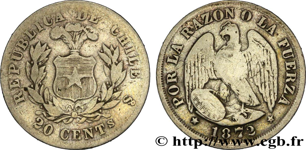 CHILI 20 Centavos emblème / condor 1872 Santiago - S° TB+ 