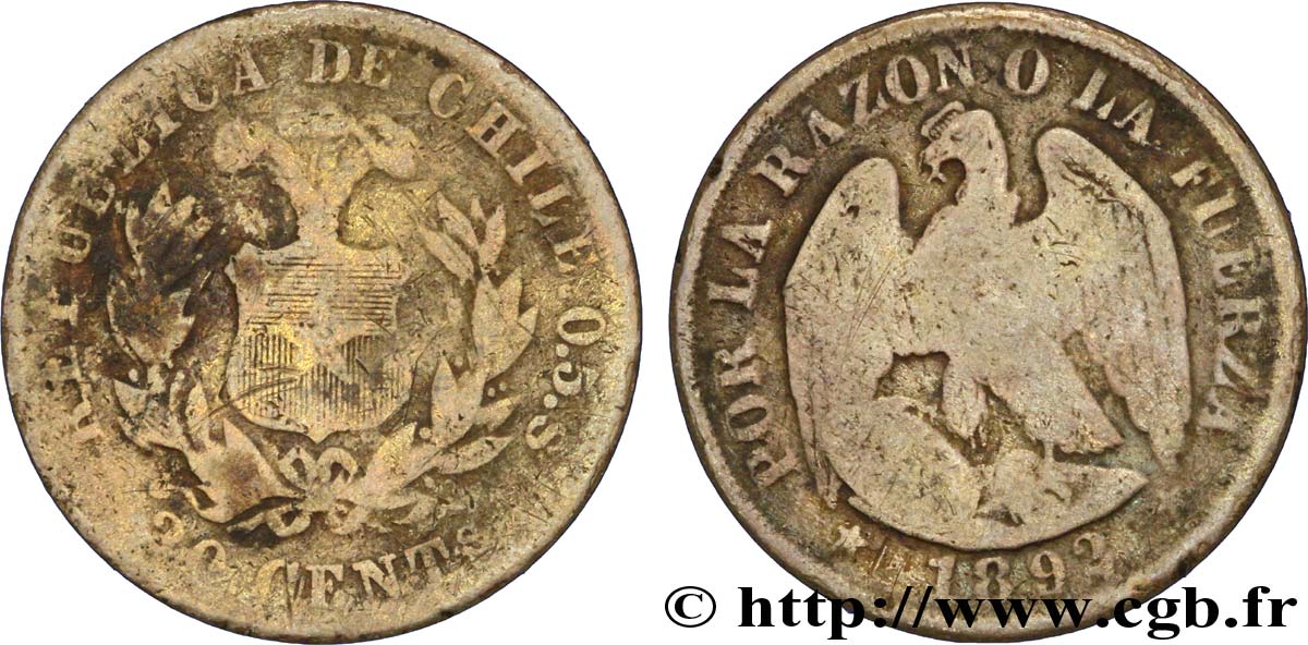 CHILI 20 Centavos emblème / condor 1892 Santiago - S° B+ 