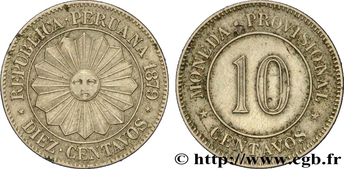 PÉROU 10 Centavos Soleil, monnayage provisoire 1879  TTB+ 