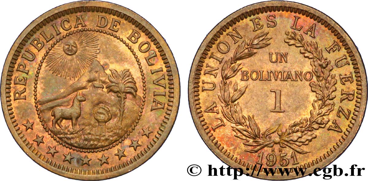BOLIVIE 1 Boliviano emblème de la Bolivie 1951 Kings Norton - KN SPL 