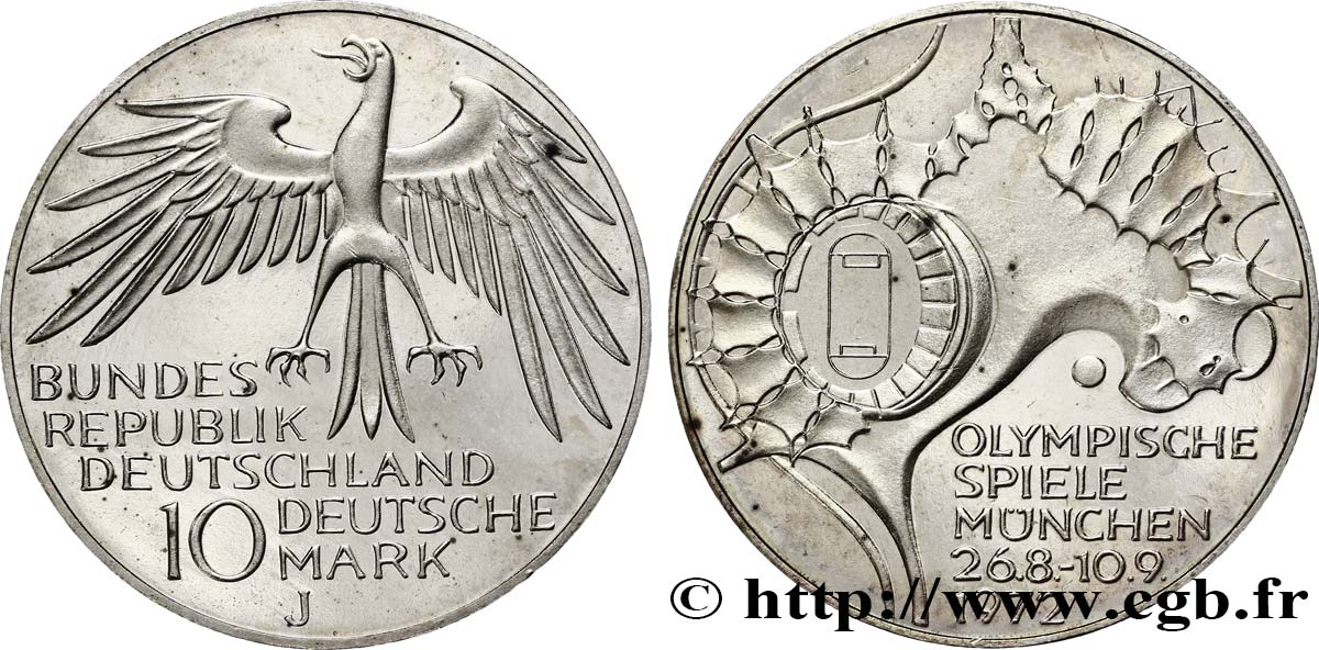 DEUTSCHLAND 10 Mark BE (Proof) J.O de Munich 1972, vue aérienne du stade olympique 1972 Hambourg fST 