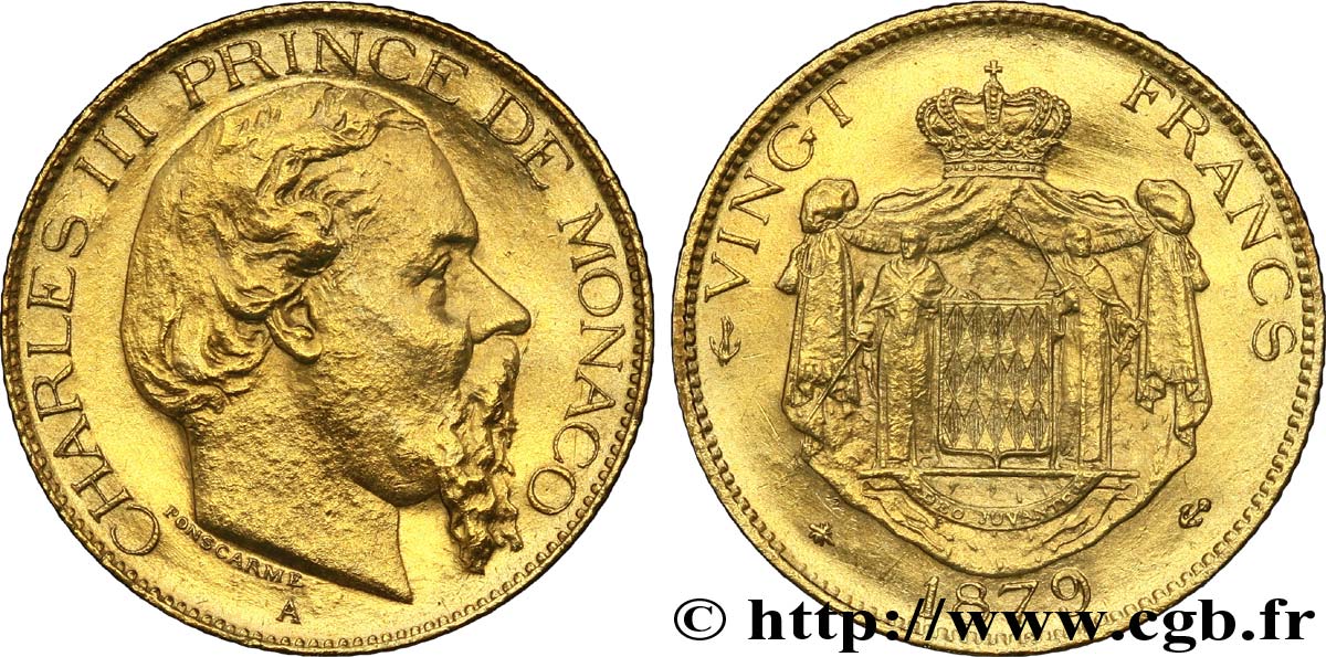 MONACO 20 Francs or, Charles III / écu couronné, ancre non barrée 1879 Paris SPL 