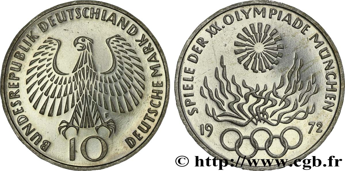 ALLEMAGNE 10 Mark XXe J.O. Munich : aigle / flamme olympique 1972 Stuttgart - F SPL 