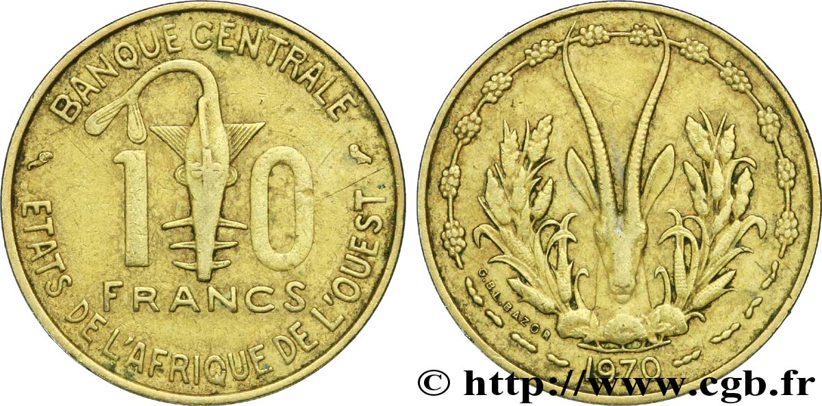 ÉTATS DE L AFRIQUE DE L OUEST (BCEAO) 10 Francs BCEAO masque / antilope 1970 Paris TB+ 