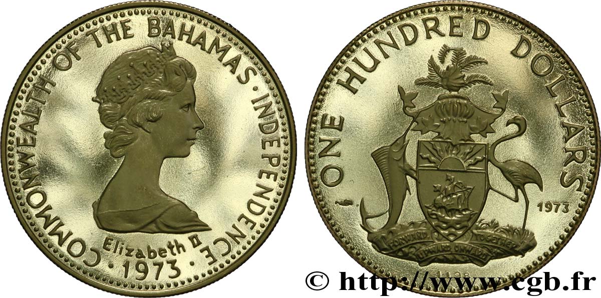 BAHAMAS 100 Dollars or Proof Elisabeth II / armes 1973 Paris SPL 