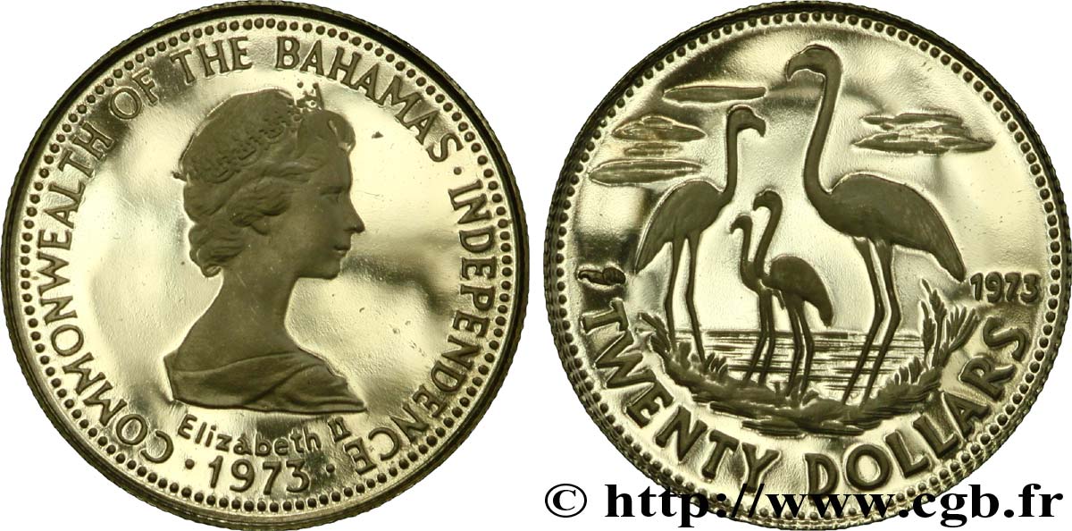 BAHAMAS 20 Dollars or Elisabeth II / flamants roses 1973  MS64 