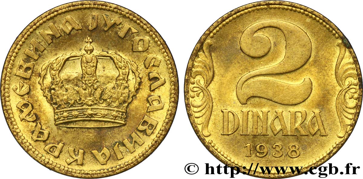 YOUGOSLAVIE 2 Dinara couronne 1938  SUP 