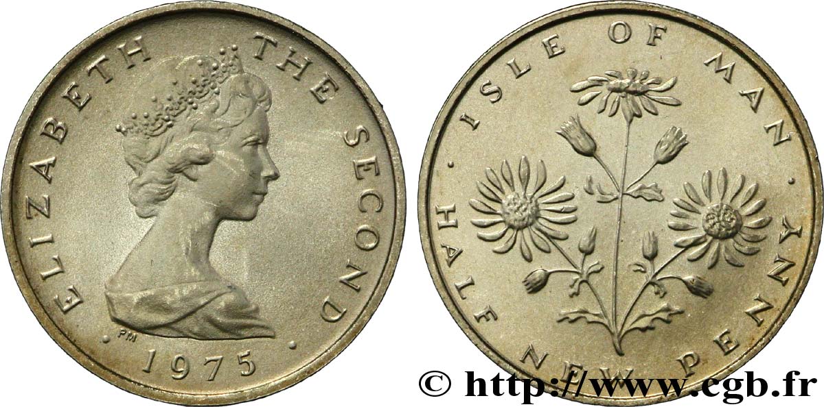ÎLE DE MAN 1/2 Penny (Half New Penny) Elisabeth II / fleur 1975  SPL 