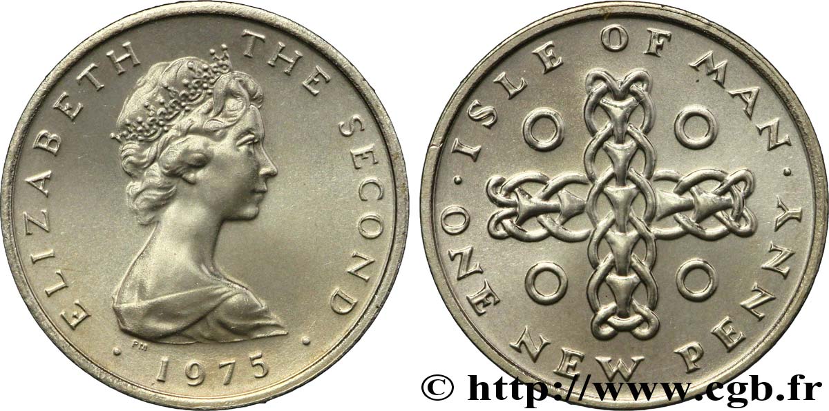 ÎLE DE MAN 1 Penny (One New Penny) Elisabeth II / croix celte 1975  SPL 