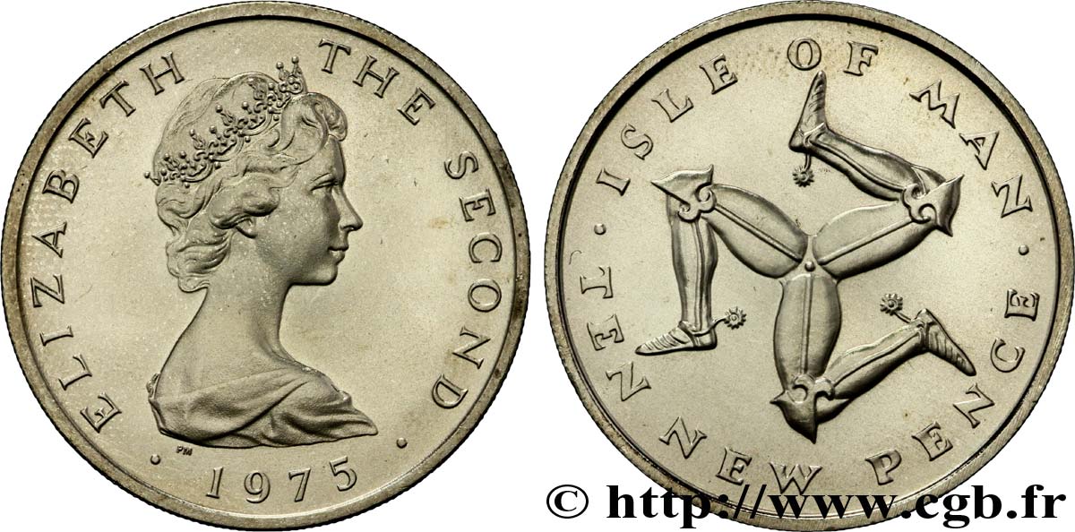 ÎLE DE MAN 10 (Ten) New Pence Elisabeth II / triskèle 1975  SUP 