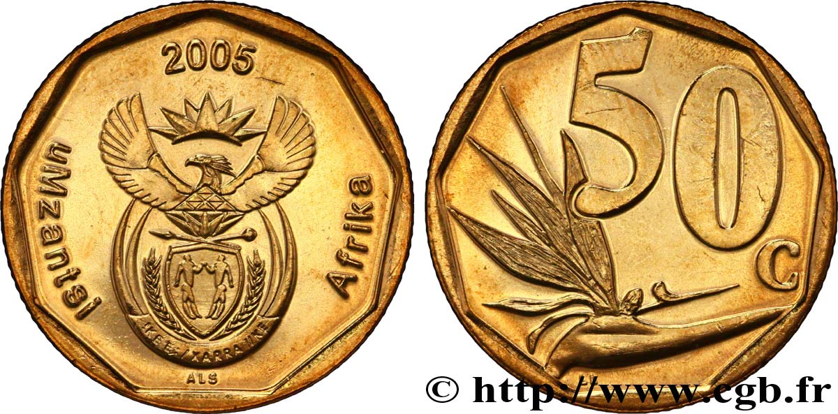 AFRIQUE DU SUD 50 Cents emblème / fleur oiseau de paradis 2005  SPL 