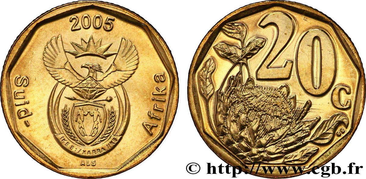 AFRIQUE DU SUD 20 Cents emblème / fleur “Suid-Afrika” 2005  SPL 