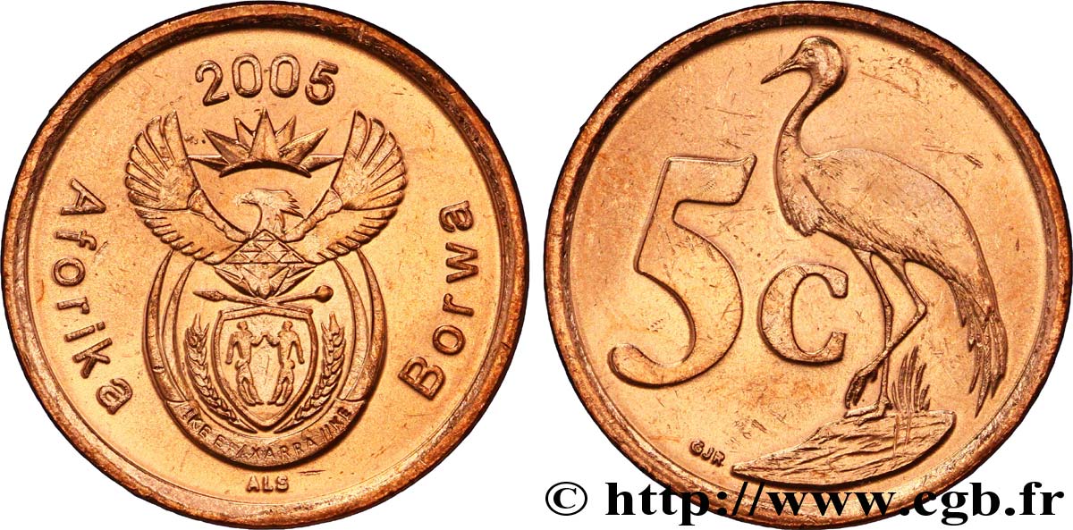 AFRIQUE DU SUD 5 Cents emblème “Aforika-Borwa” / grue bleue 2005  SPL 