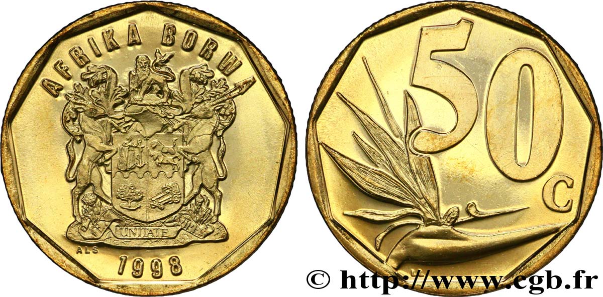 AFRIQUE DU SUD 50 Cents emblème “Afrika-Borwa” / fleur oiseau de paradis 1998  SPL 