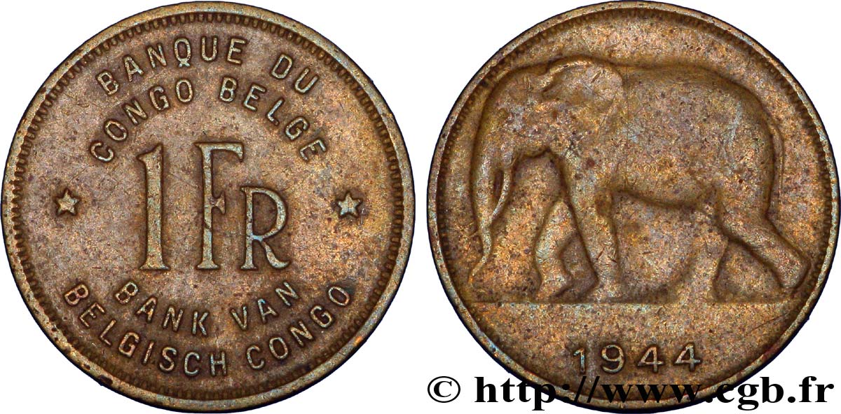 CONGO BELGE 1 Franc éléphant 1944  TB 