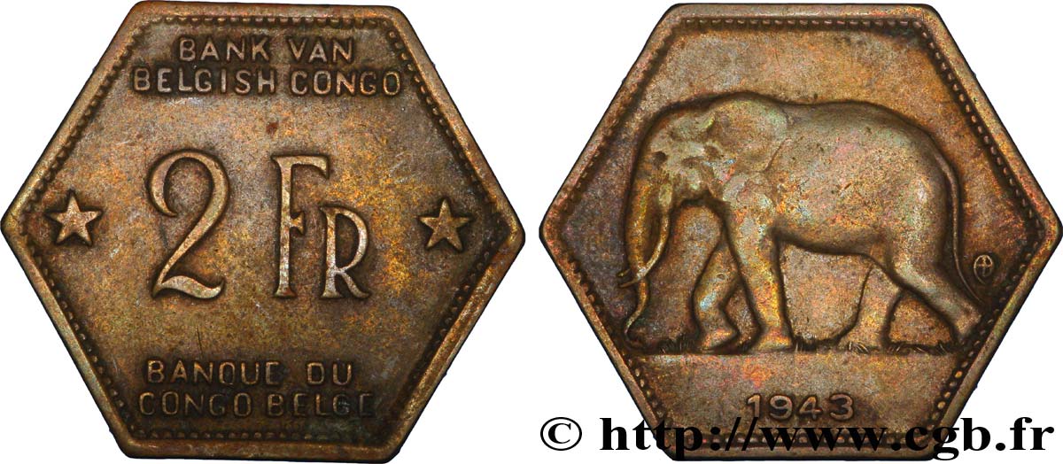 CONGO BELGE 2 Francs éléphant 1943  TTB 