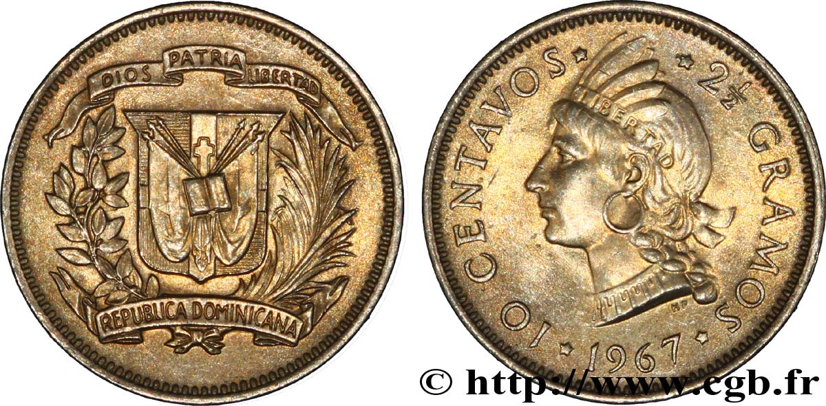 REPUBBLICA DOMINICA 10 Centavos emblème / princesse tainos 1967  MS 
