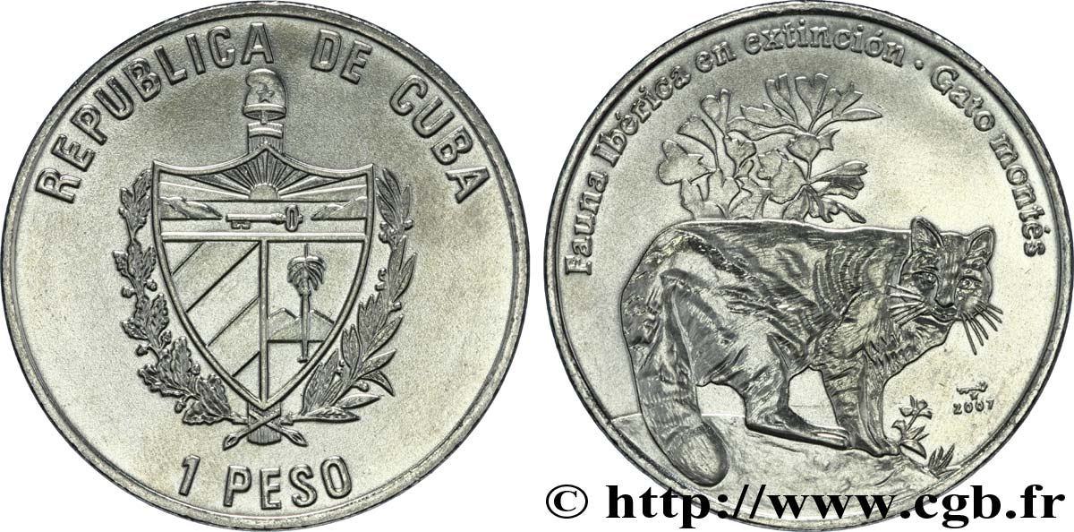 CUBA 1 Peso série Faune Ibérique  en voie d’extinction : emblème / chat sauvage 2007  SPL 