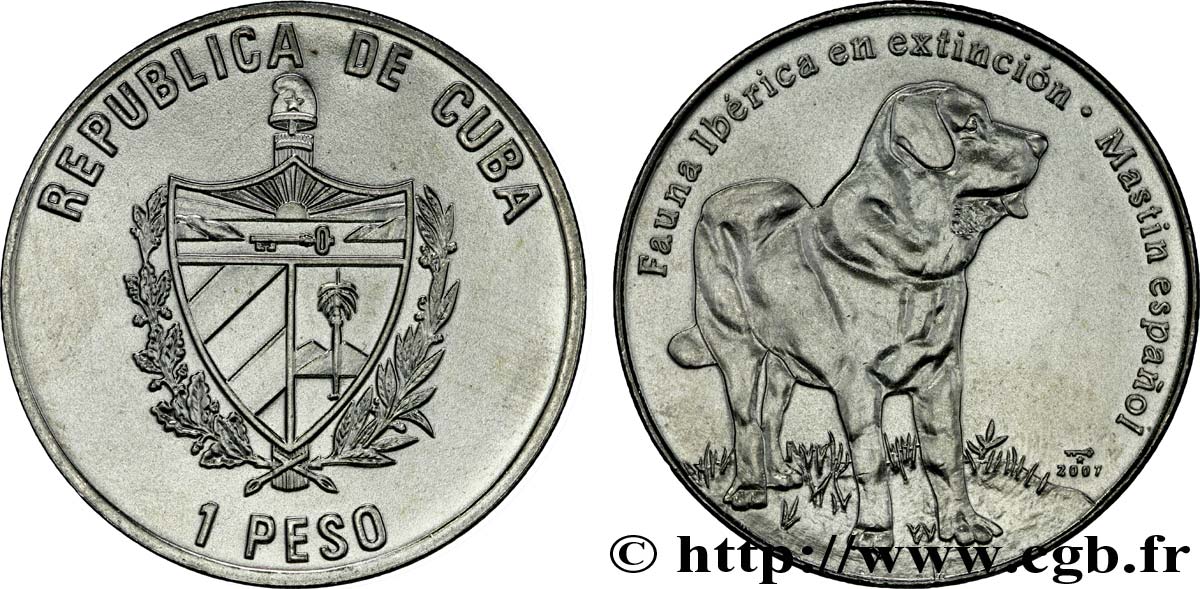 CUBA 1 Peso série Faune Ibérique  en voie d’extinction : emblème / mastin espagnol 2007  SPL 
