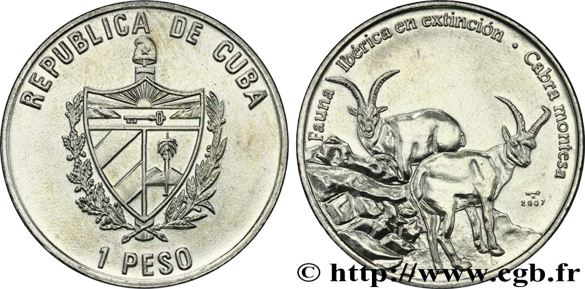 CUBA 1 Peso série Faune Ibérique  en voie d’extinction : emblème / bouquetin d’Espagne 2007  SPL 
