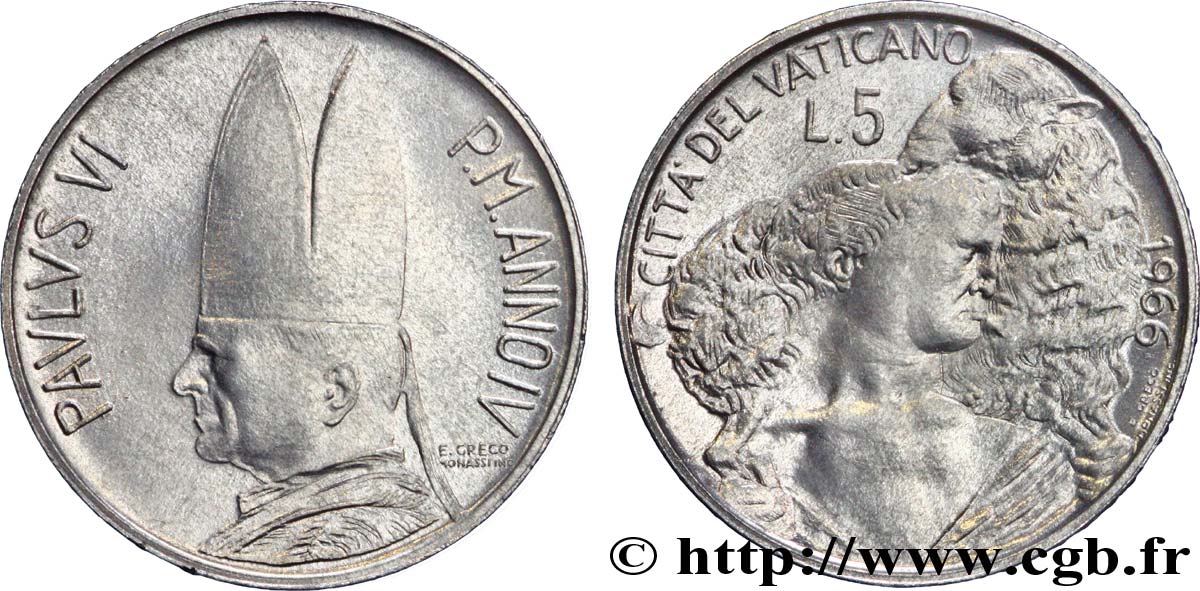 VATICAN ET ÉTATS PONTIFICAUX 5 Lire Paul VI an III / Berger et agneau 1966 Rome SPL 
