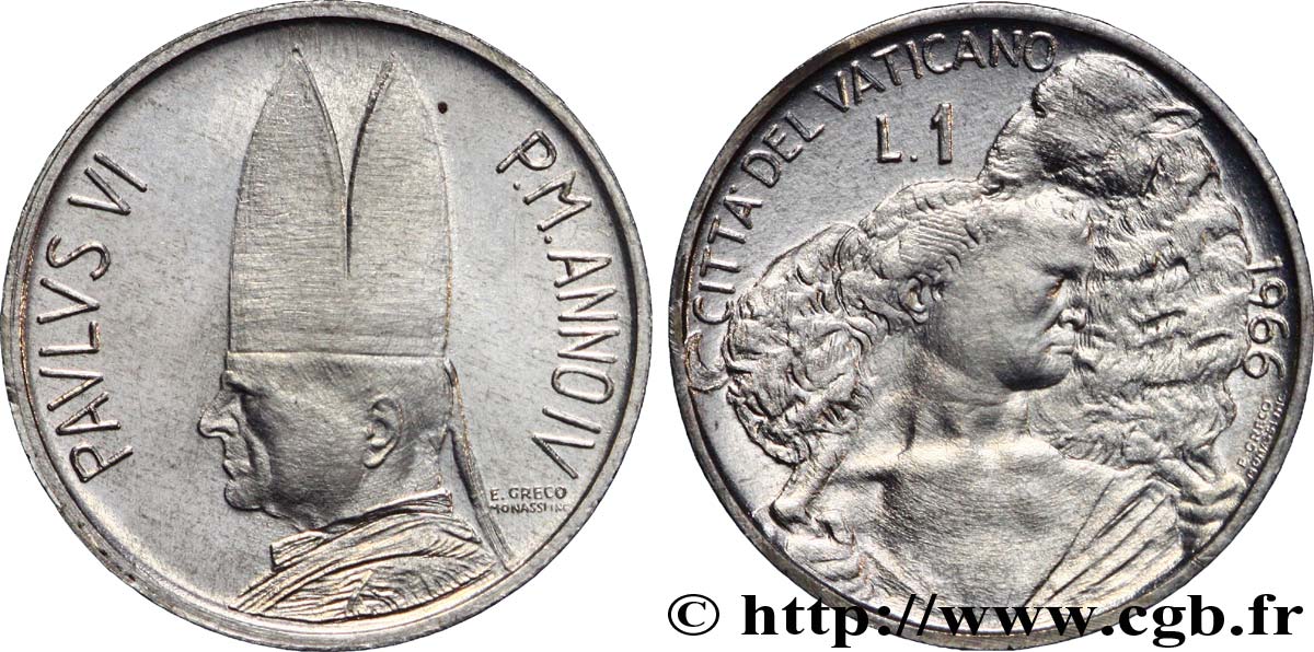 VATICAN ET ÉTATS PONTIFICAUX 1 Lire armes An IV du pontificat de Paul VI / berger et agneau 1966 Rome SPL 