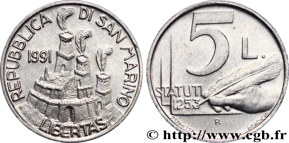 SAINT-MARIN 5 Lire 3 tours / statuts de 1253 1991 Rome - R SPL 