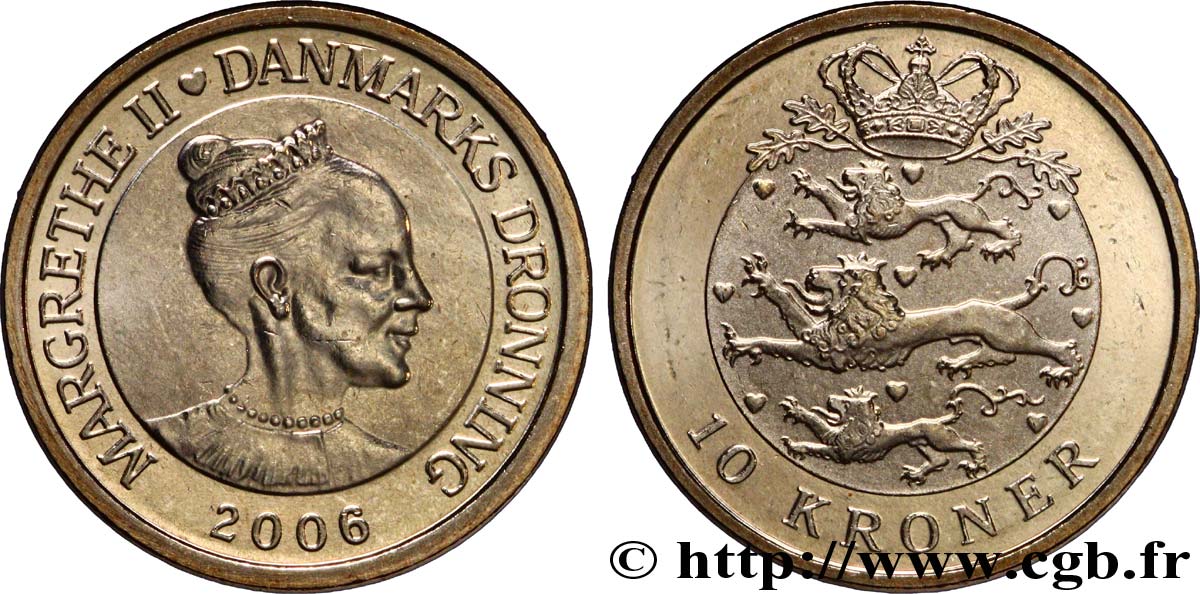 DENMARK 10 Kroner reine Margrethe II / 3 lions couronnés 2006 Copenhague MS 