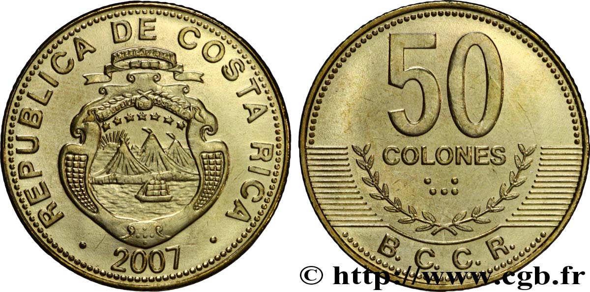 COSTA RICA 50 Colones emblème, émission du Banco Central de Costa Rica (BCCR) 2007  SPL 