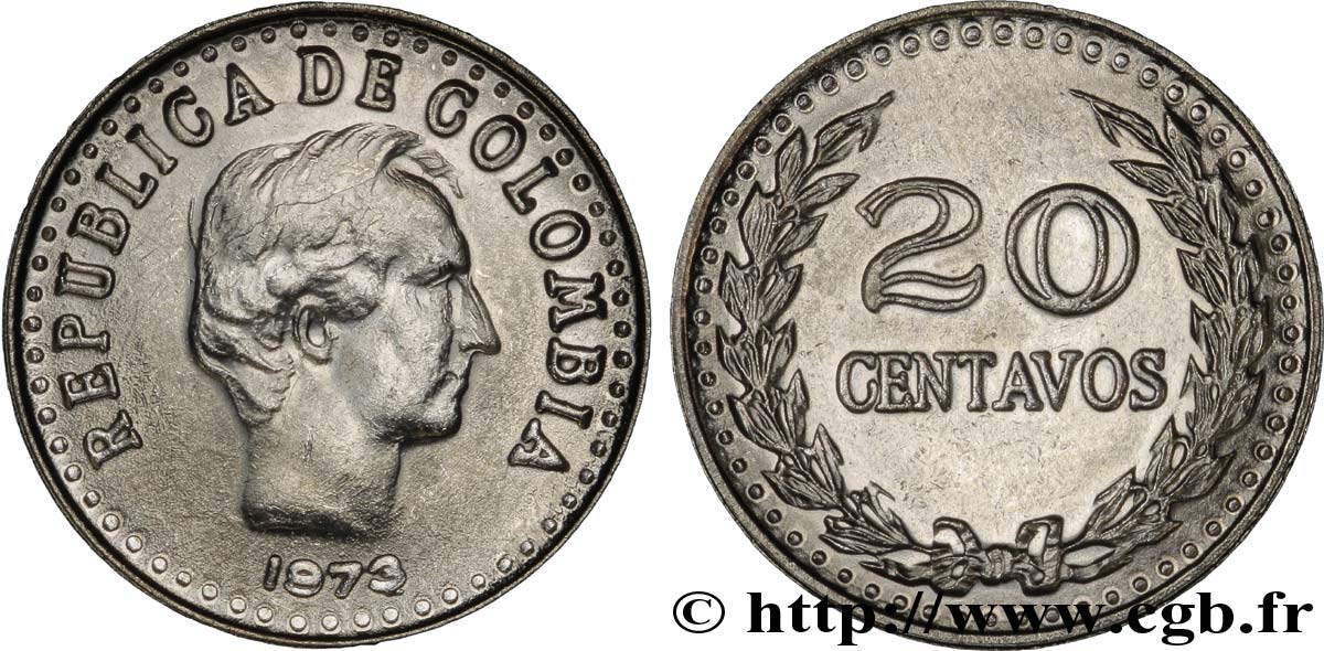 COLOMBIE 20 Centavos Francisco de Paula Santander variété 1973/1 1973  SUP 