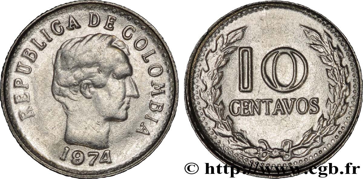 COLOMBIE 10 Centavos Francisco de Paula Santander 1974  SUP 