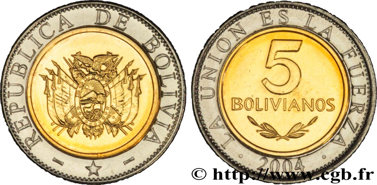 BOLIVIE 5 Bolivianos emblème 2004  SPL 