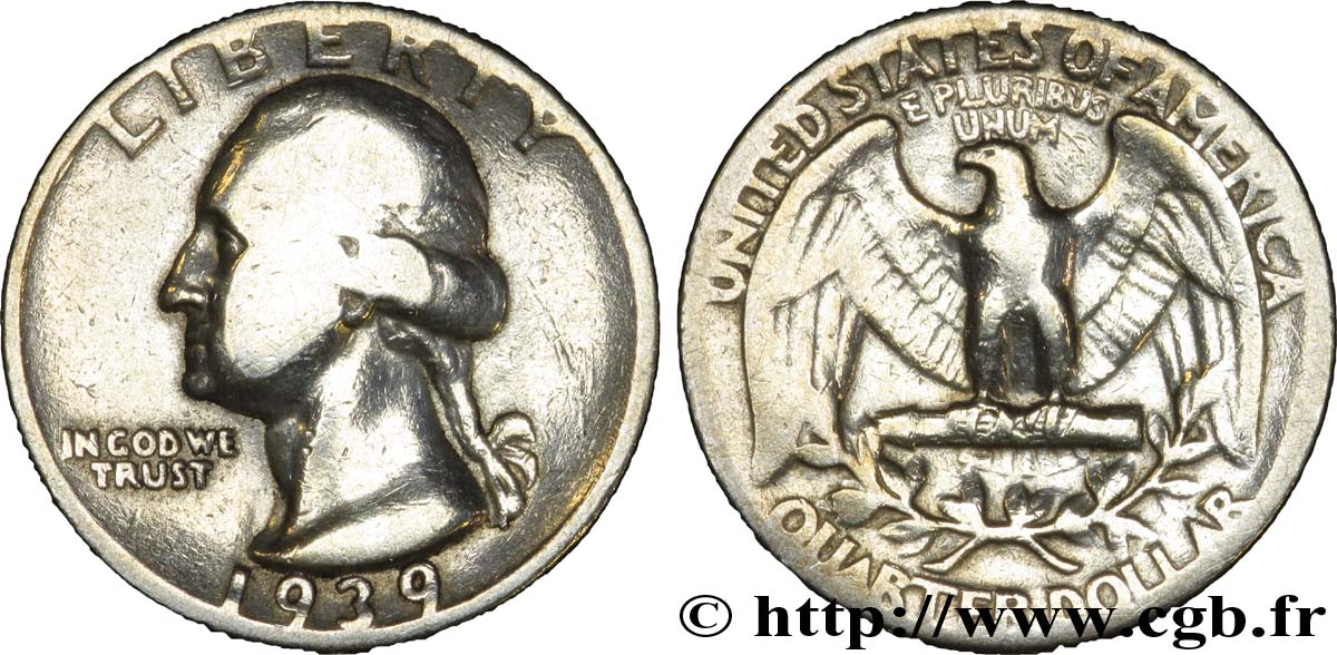 ÉTATS-UNIS D AMÉRIQUE 1/4 Dollar Georges Washington 1939 Philadelphie TB 