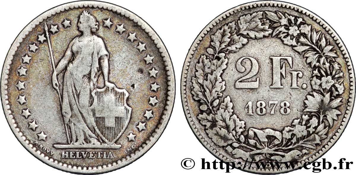 SWITZERLAND 2 Francs Helvetia 1878 Berne XF 