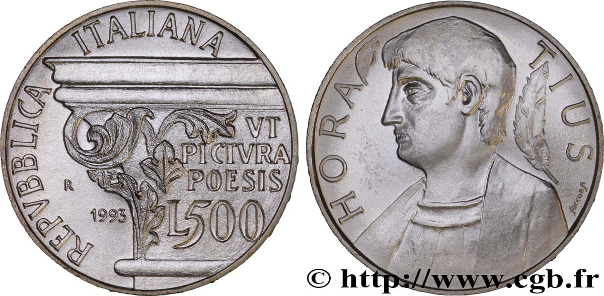 ITALIE 500 Lire célébration du second millénaire du poète Horace 1993 Rome - R SPL 